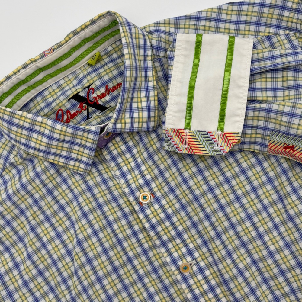 Robert Graham X Flip Cuff Tailored Fit Blue Plaid Button Down Shirt Men Size L